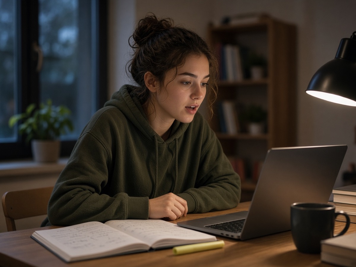 A college student talking through a problem at their desk in the evening