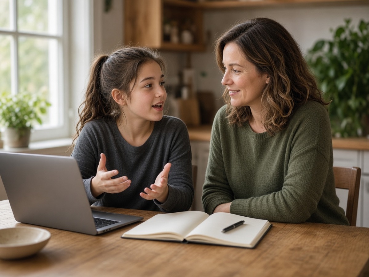A parent listening as their daughter explains an idea at the kitchen table